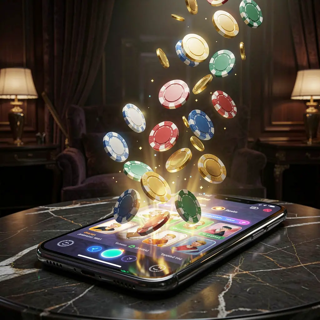 Layar ponsel pintar bercahaya dengan chip kasino dan koin yang keluar, menampilkan aplikasi permainan daring RKGGG dengan latar belakang gelap mewah dan pencahayaan sinematik dalam render 3D detail tinggi Layar ponsel pintar bercahaya dengan chip kasino dan koin yang keluar, menampilkan aplikasi permainan daring RKGGG dengan latar belakang gelap mewah dan pencahayaan sinematik dalam render 3D detail tinggi