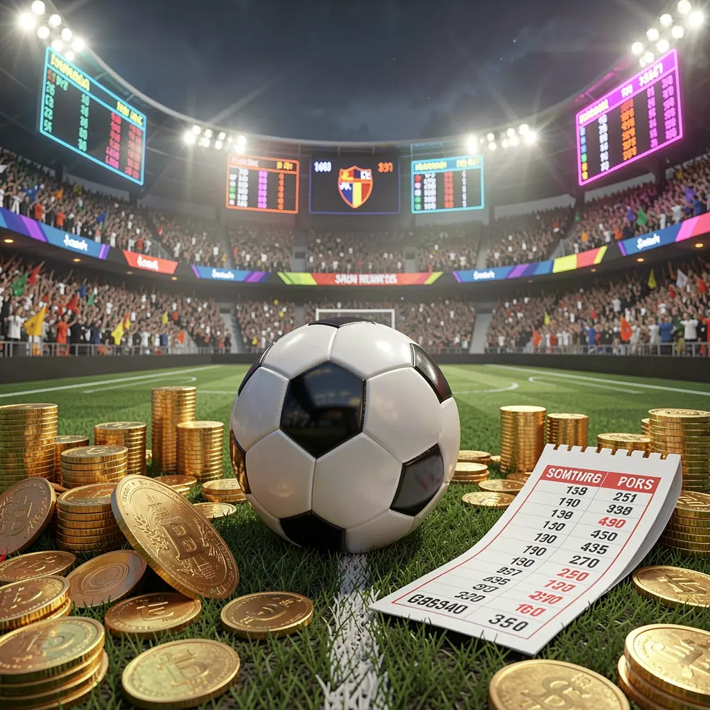 Render 3D realistis dari adegan taruhan olahraga premium oleh RKGGG menampilkan lapangan sepak bola dengan kerumunan stadion, bola sepak, koin emas, elemen slip taruhan, dan panel peluang neon Render 3D realistis dari adegan taruhan olahraga premium oleh RKGGG menampilkan lapangan sepak bola dengan kerumunan stadion, bola sepak, koin emas, elemen slip taruhan, dan panel peluang neon