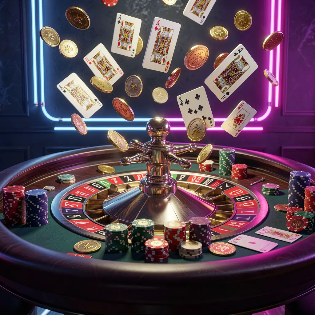 Meja roulette elegan dengan chip dan kartu dikelilingi koin emas beterbangan di bawah pencahayaan neon dramatis, menampilkan permainan kasino premium oleh RKGGG Meja roulette elegan dengan chip dan kartu dikelilingi koin emas beterbangan di bawah pencahayaan neon dramatis, menampilkan permainan kasino premium oleh RKGGG