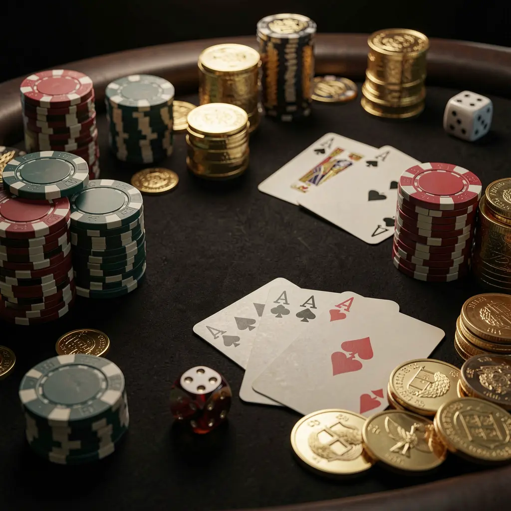 Tampilan jarak dekat meja kasino RKGGG yang elegan menampilkan chip poker, kartu remi, dadu, dan koin emas di bawah pencahayaan sinematik lembut dengan latar belakang hitam mewah Tampilan jarak dekat meja kasino RKGGG yang elegan menampilkan chip poker, kartu remi, dadu, dan koin emas di bawah pencahayaan sinematik lembut dengan latar belakang hitam mewah