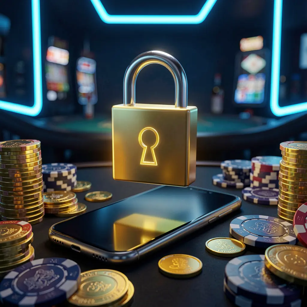 Gambar keamanan masuk kasino RKGGG menampilkan gembok bercahaya melayang di atas ponsel pintar dengan koin emas dan chip tersebar di sekelilingnya dengan latar belakang neon biru gelap Gambar keamanan masuk kasino RKGGG menampilkan gembok bercahaya melayang di atas ponsel pintar dengan koin emas dan chip tersebar di sekelilingnya dengan latar belakang neon biru gelap