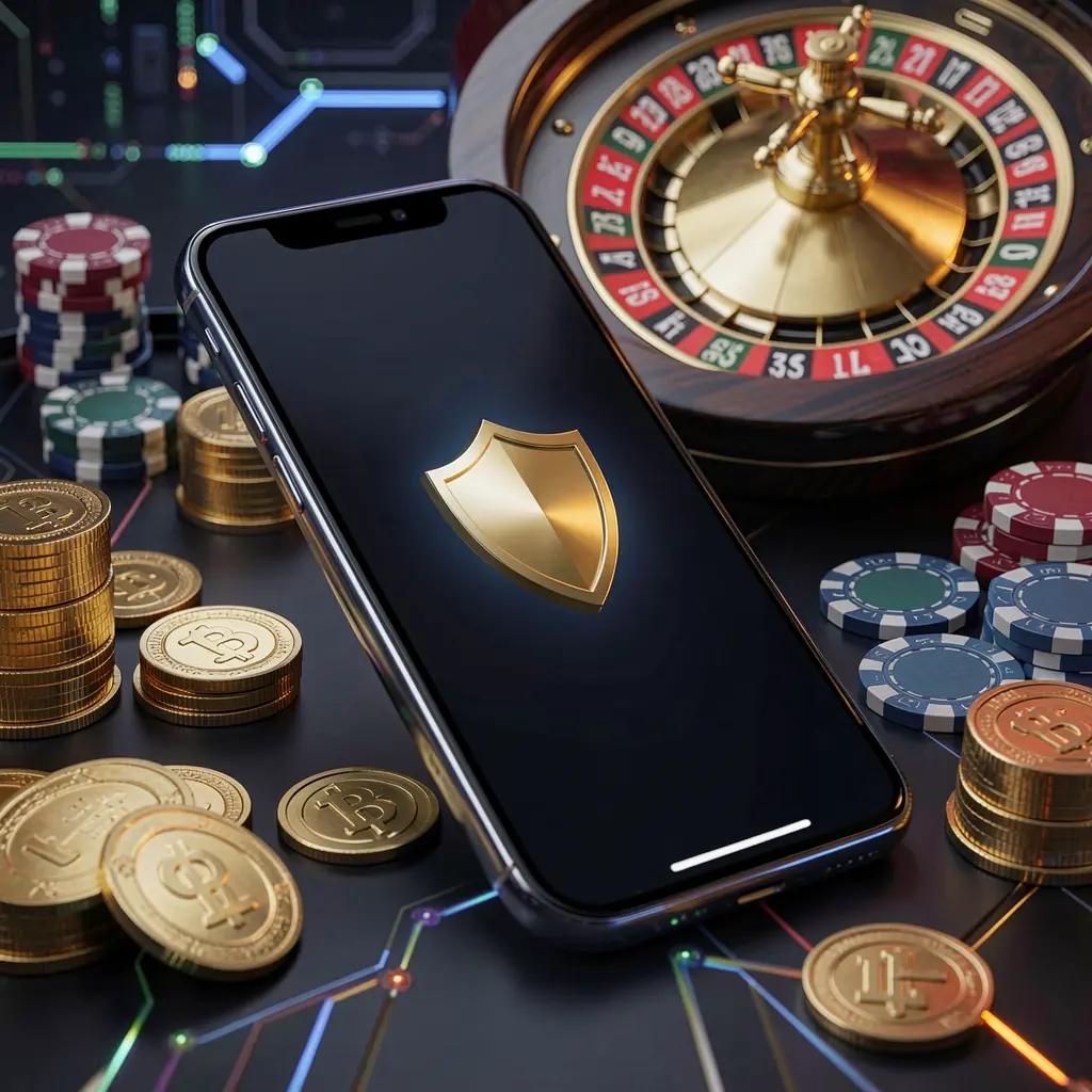 Akses kasino seluler aman RKGGG dengan layar ponsel menampilkan ikon perisai, roda roulette, chip poker, dan koin emas dalam suasana mewah siber gelap Akses kasino seluler aman RKGGG dengan layar ponsel menampilkan ikon perisai, roda roulette, chip poker, dan koin emas dalam suasana mewah siber gelap