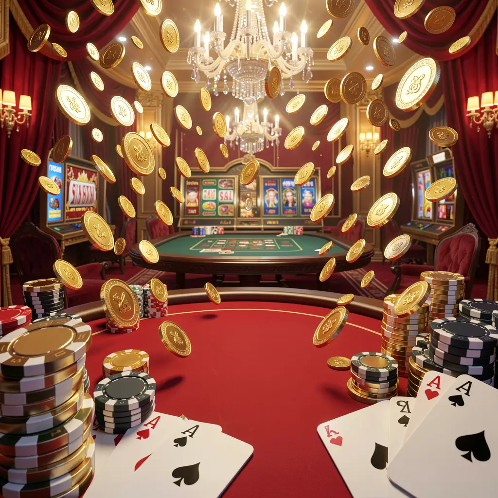 Spanduk beranda platform permainan daring RKGGG menampilkan lampu kasino yang terang, koin emas berjatuhan, chip poker dan kartu remi di latar depan dengan suasana mewah merah dan emas dalam render 3D detail tinggi Spanduk beranda platform permainan daring RKGGG menampilkan lampu kasino yang terang, koin emas berjatuhan, chip poker dan kartu remi di latar depan dengan suasana mewah merah dan emas dalam render 3D detail tinggi