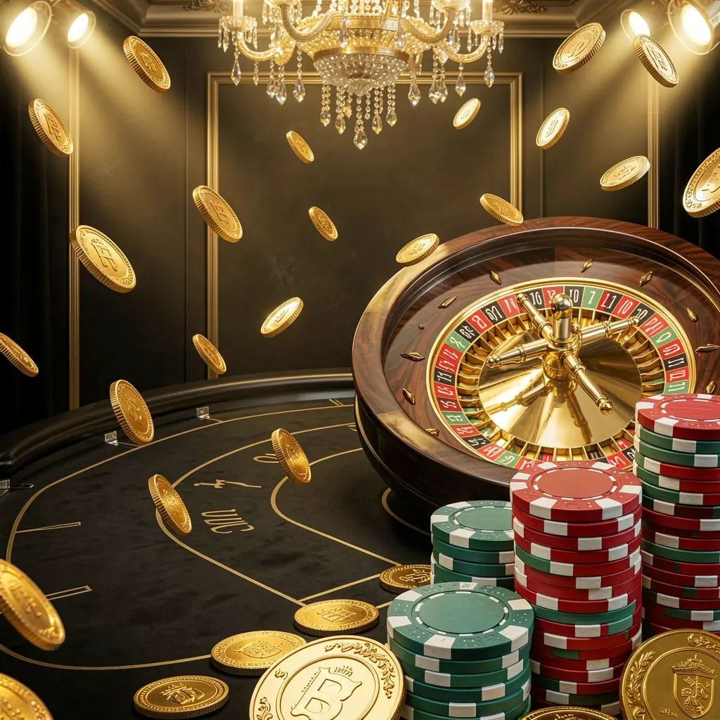 Latar belakang halaman utama kasino daring RKGGG menampilkan lampu kasino dramatis, koin emas beterbangan, tumpukan chip poker di latar depan, dan roda roulette di belakang dalam suasana mewah hitam dan emas Latar belakang halaman utama kasino daring RKGGG menampilkan lampu kasino dramatis, koin emas beterbangan, tumpukan chip poker di latar depan, dan roda roulette di belakang dalam suasana mewah hitam dan emas